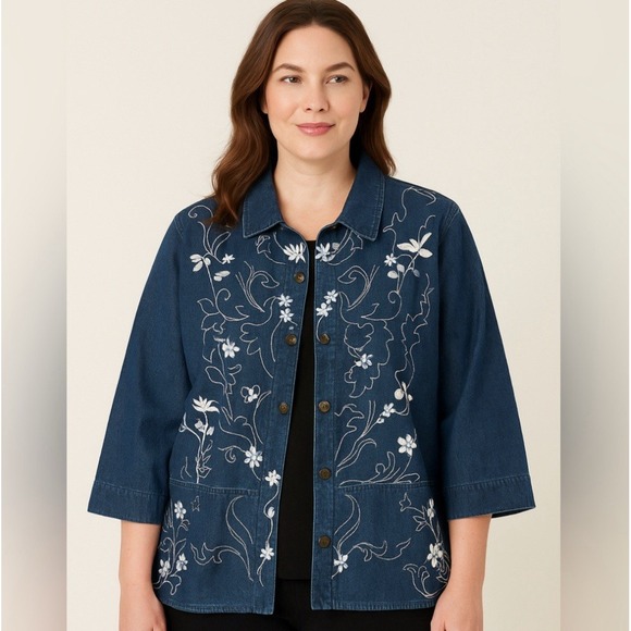 Allison Daley Denim Jacket Blue White Floral Embroidery 3/4 Sleeves Plus Size 22 - Picture 1 of 16